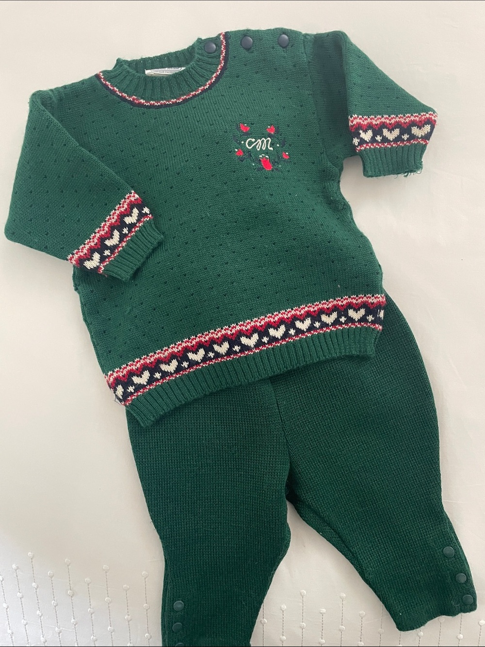 Green Knit Baby Set with Heart Trim Vintage Size 1 Made in France